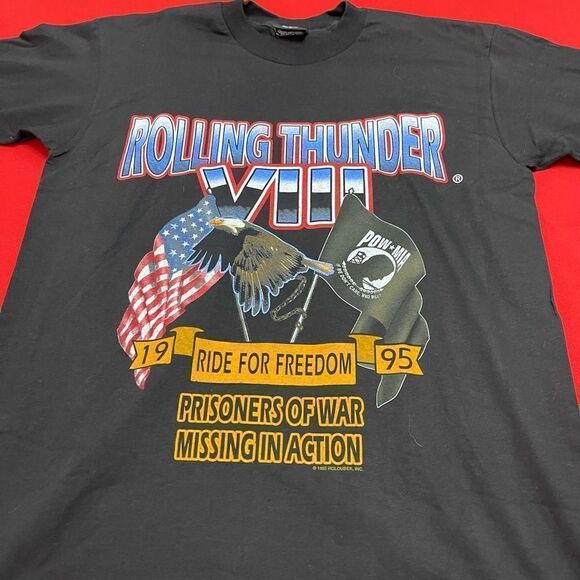 Harley Davidson Rolling Thunder Pow Mia Black VTG Single Stitch T-Shirt Size Med - Picture 1 of 8